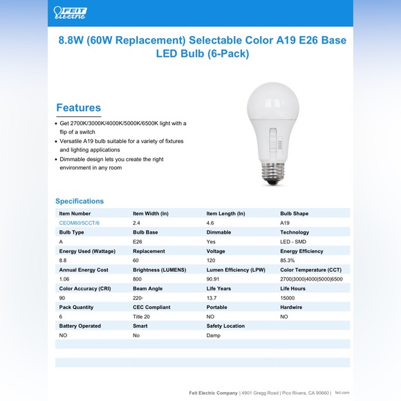 (2) Boxes of Feit Electric Selectable Color LED Light Bulbs - Picture 7 of 7